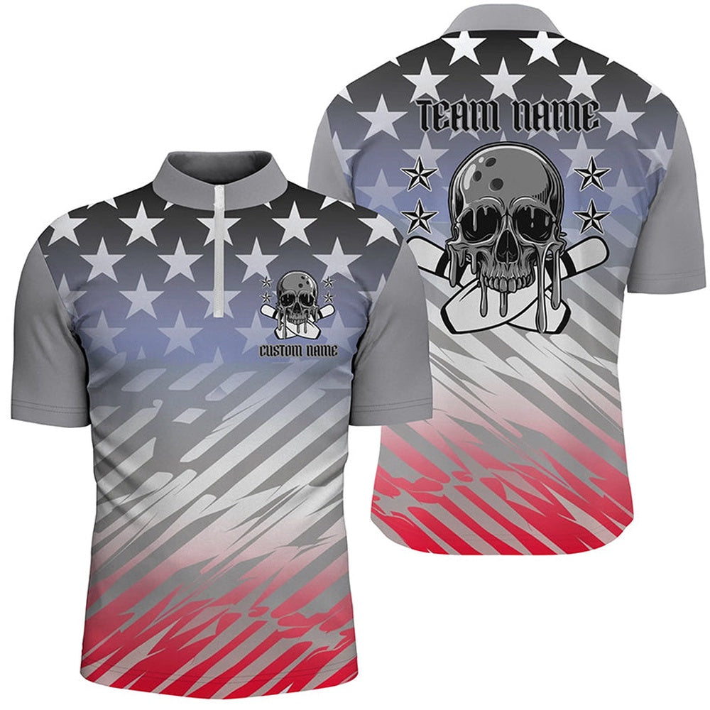 Custom Bowling Polo Shirts, Custom American Flag Skull Bowling Shirts For Men And Women, Patriotic Team Bowling Jerseys