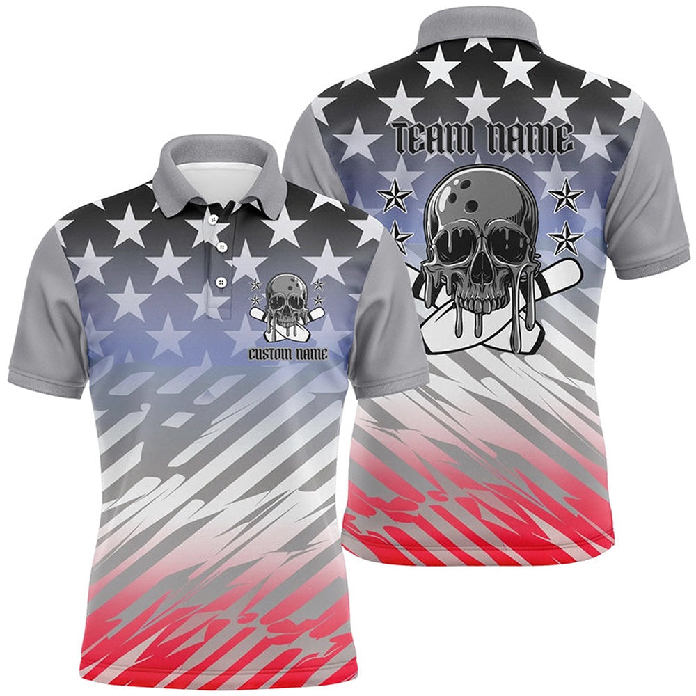 Custom Bowling Polo Shirts, Custom American Flag Skull Bowling Shirts For Men And Women, Patriotic Team Bowling Jerseys