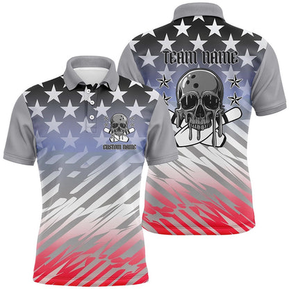 Custom Bowling Polo Shirts, Custom American Flag Skull Bowling Shirts For Men And Women, Patriotic Team Bowling Jerseys
