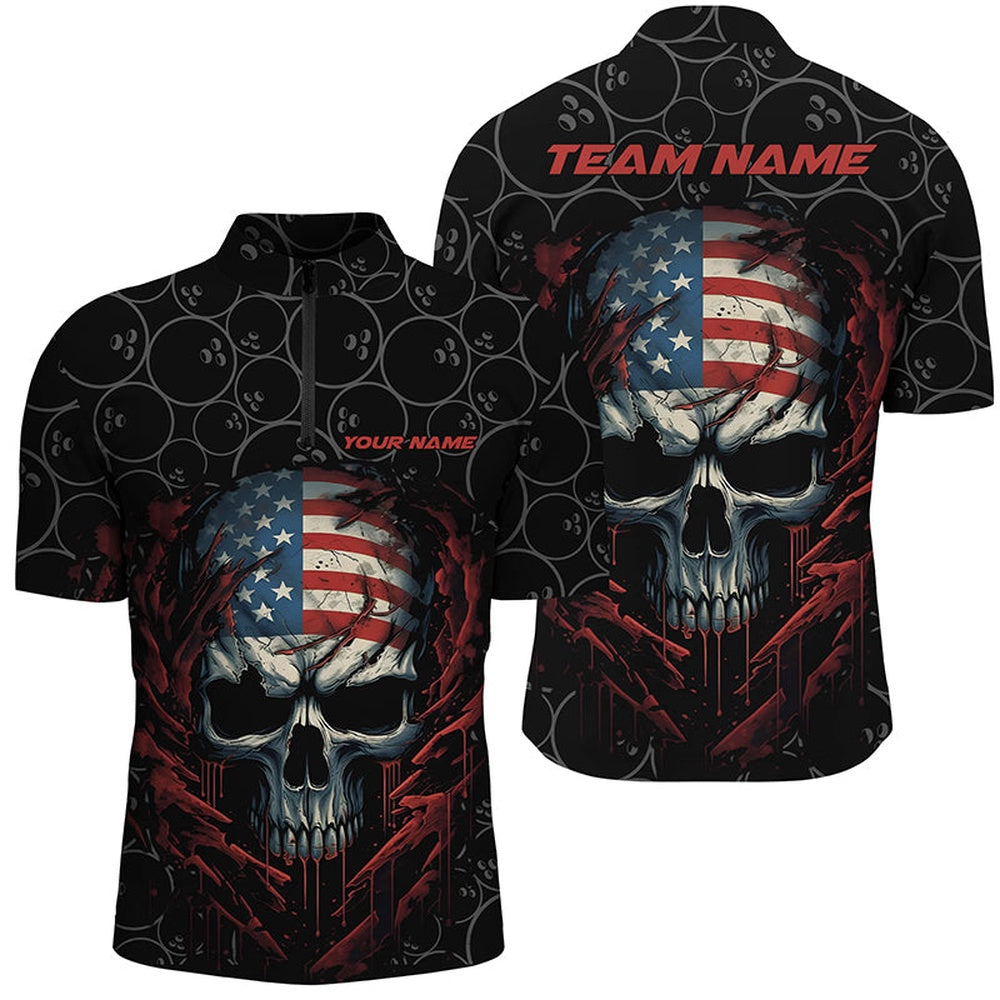 Custom Bowling Polo Shirts, Custom American Flag Skull Bowling Shirts For Men, Patriotic Team Bowling Jerseys