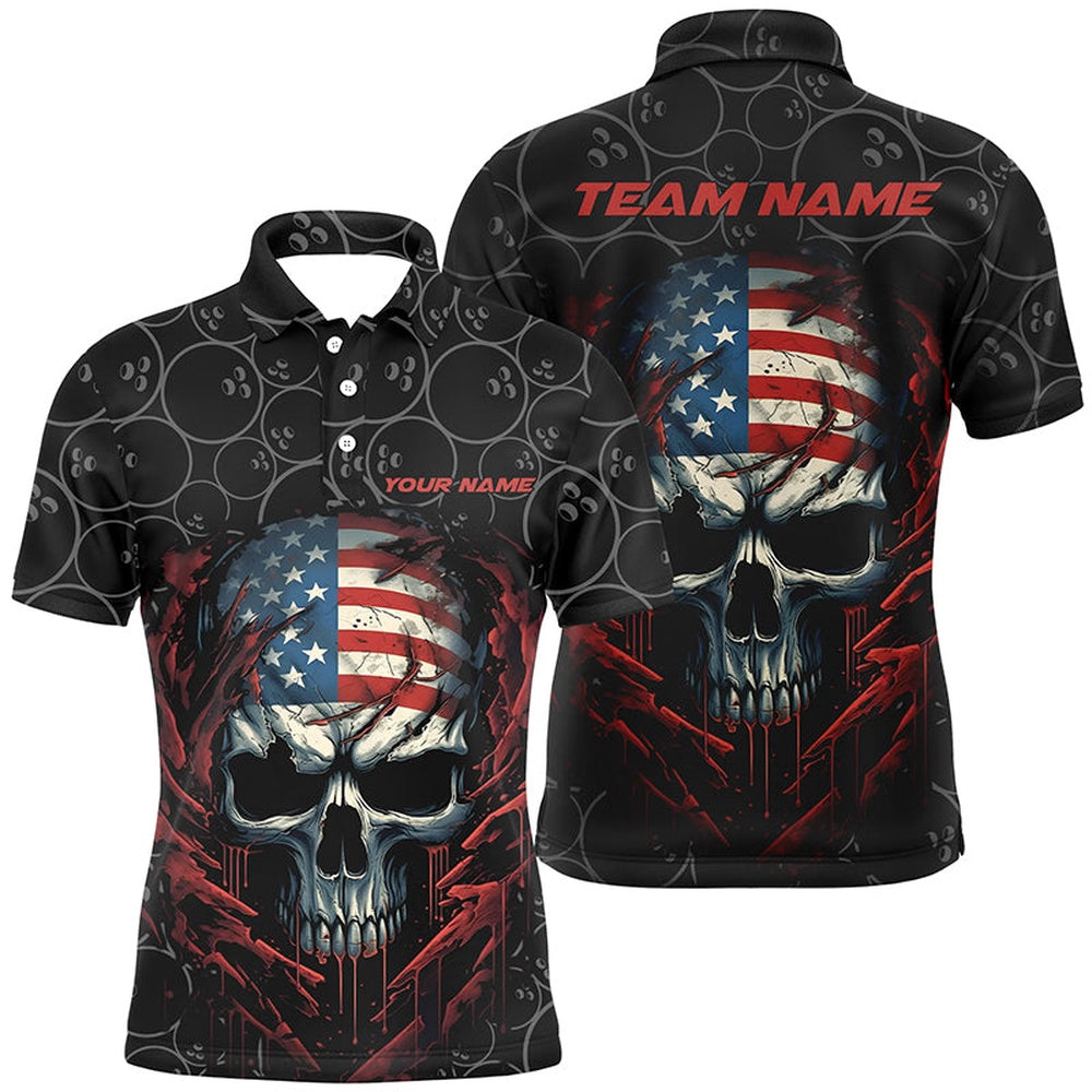 Custom Bowling Polo Shirts, Custom American Flag Skull Bowling Shirts For Men, Patriotic Team Bowling Jerseys