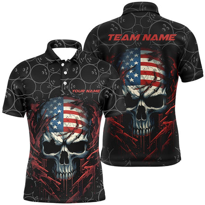 Custom Bowling Polo Shirts, Custom American Flag Skull Bowling Shirts For Men, Patriotic Team Bowling Jerseys