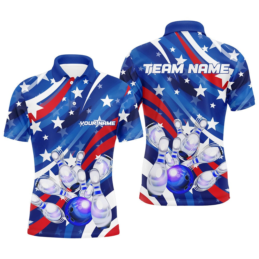 Custom Bowling Polo Shirts, Custom American Flag Strike Bowling Polo Shirts For Men, Patriotic Bowling Team Jerseys