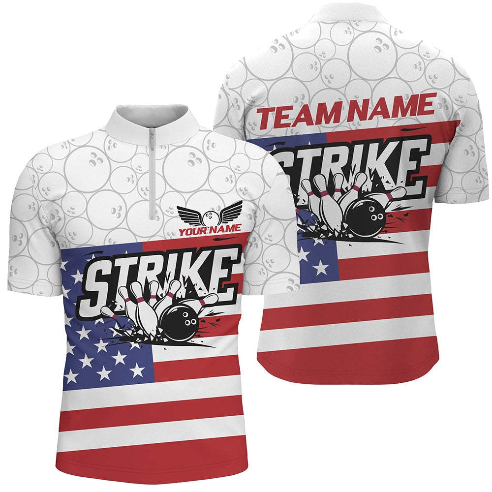 Custom Bowling Polo Shirts, Custom American Flag Strike Bowling Shirts For Men And Women, Patriotic Bowling League Jerseys