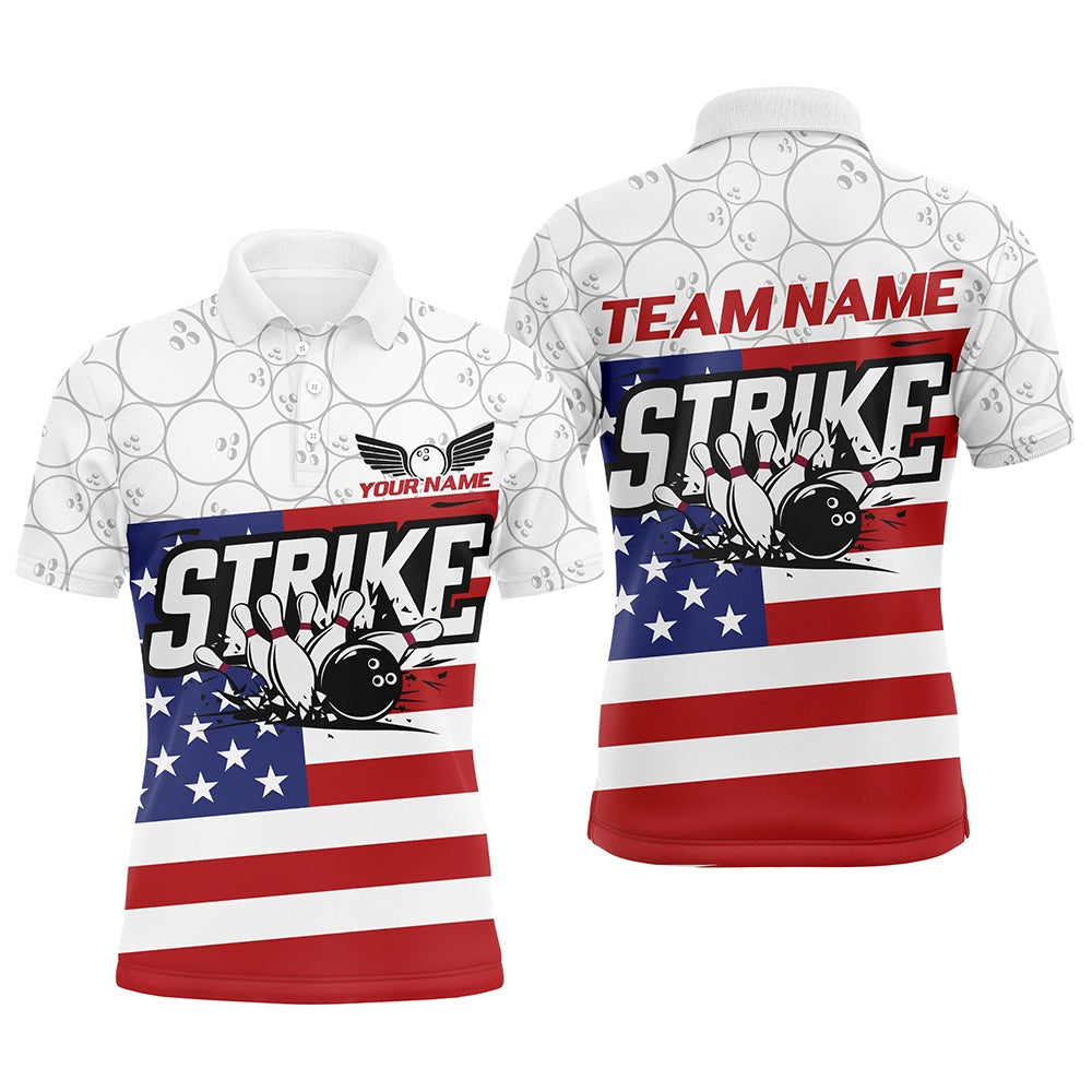 Custom Bowling Polo Shirts, Custom American Flag Strike Bowling Shirts For Men And Women, Patriotic Bowling League Jerseys