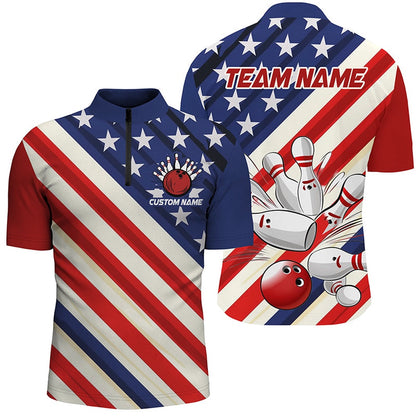 Custom Bowling Polo Shirts, Custom American Flag Team Bowling Jerseys For Men And Women, Patriotic Strike Bowling Shirt