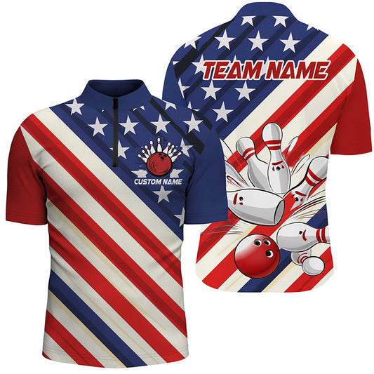 Custom Bowling Polo Shirts, Custom American Flag Team Bowling Jerseys For Men And Women, Patriotic Strike Bowling Shirt
