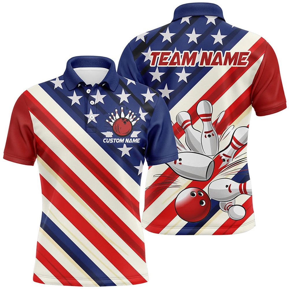 Custom Bowling Polo Shirts, Custom American Flag Team Bowling Jerseys For Men And Women, Patriotic Strike Bowling Shirt