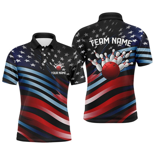 Custom Bowling Polo Shirts, Custom American Flag Team Bowling Polo Shirts For Men, Patriotic Bowling Team Jerseys Outfit