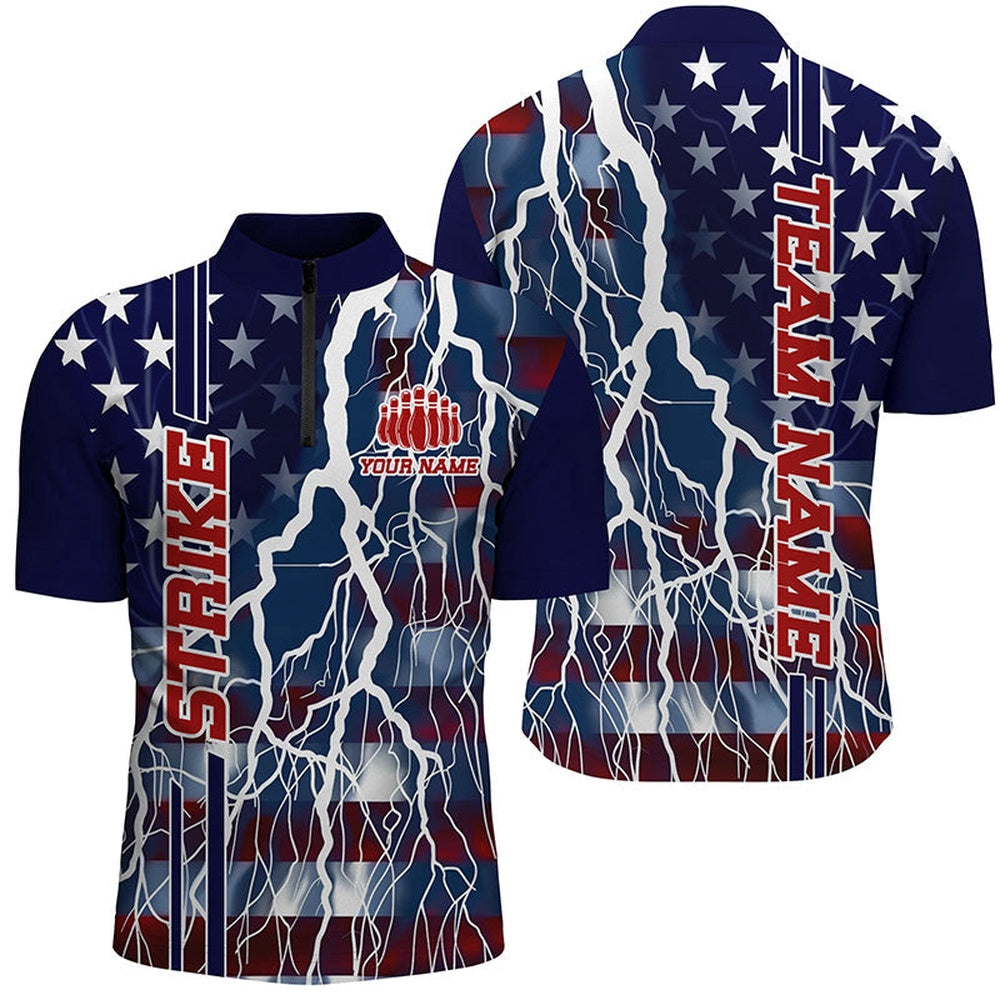 Custom Bowling Polo Shirts, Custom American Flag Thunder Lightning Strike Bowling Team Shirts, Patriotic Unisex Bowling Jersey
