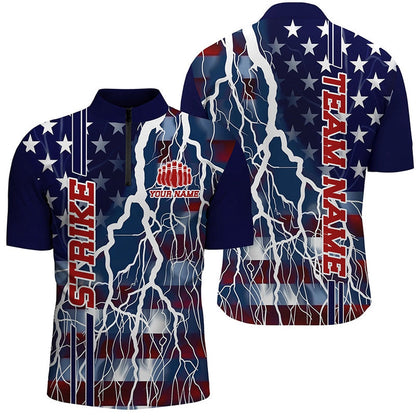 Custom Bowling Polo Shirts, Custom American Flag Thunder Lightning Strike Bowling Team Shirts, Patriotic Unisex Bowling Jersey