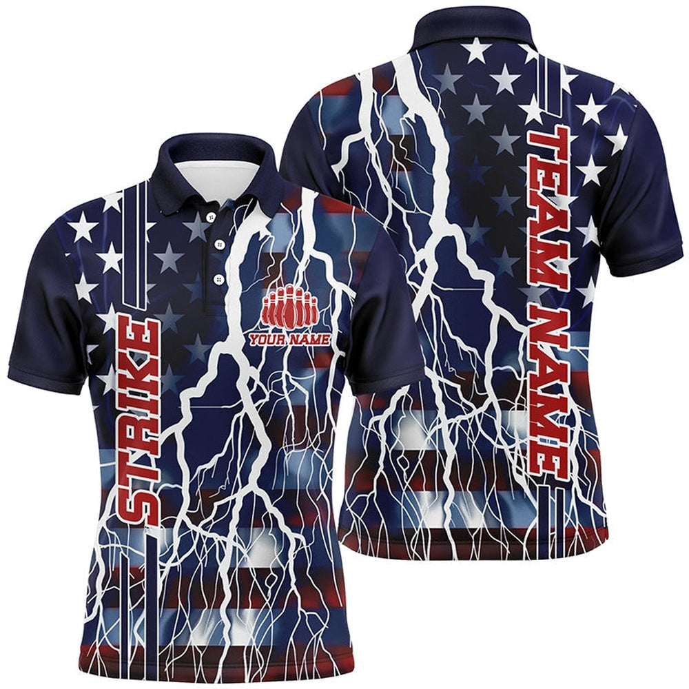 Custom Bowling Polo Shirts, Custom American Flag Thunder Lightning Strike Bowling Team Shirts, Patriotic Unisex Bowling Jersey