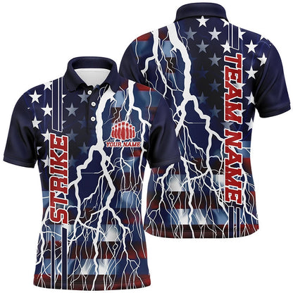 Custom Bowling Polo Shirts, Custom American Flag Thunder Lightning Strike Bowling Team Shirts, Patriotic Unisex Bowling Jersey