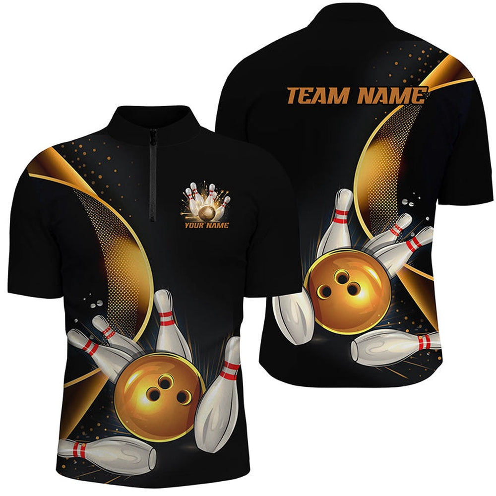 Custom Bowling Polo Shirts, Custom Black And Gold Bowling Team Shirts For Men And Women, Unisex Bowling League Shirts