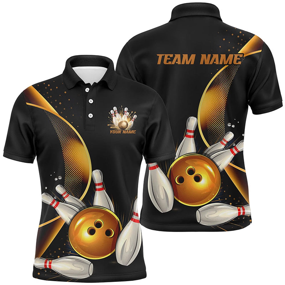 Custom Bowling Polo Shirts, Custom Black And Gold Bowling Team Shirts For Men And Women, Unisex Bowling League Shirts