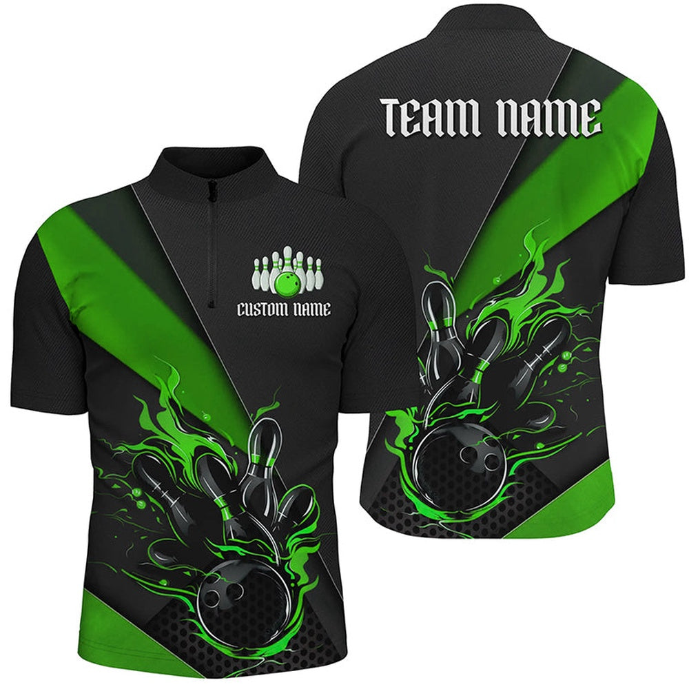 Custom Bowling Polo Shirts, Custom Black And Green Bowling Team Shirts For Men, Flame Bowling Tournament Jerseys