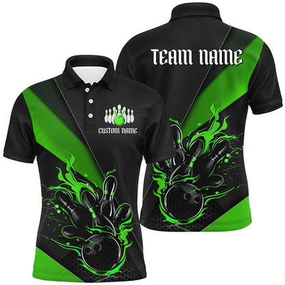 Custom Bowling Polo Shirts, Custom Black And Green Bowling Team Shirts For Men, Flame Bowling Tournament Jerseys