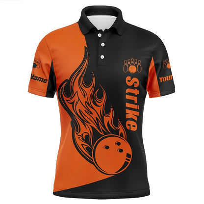 Custom Bowling Polo Shirts, Custom Black And Orange Bowling Polo Shirts For Men, Bowling Team Shirts Bowling Strike