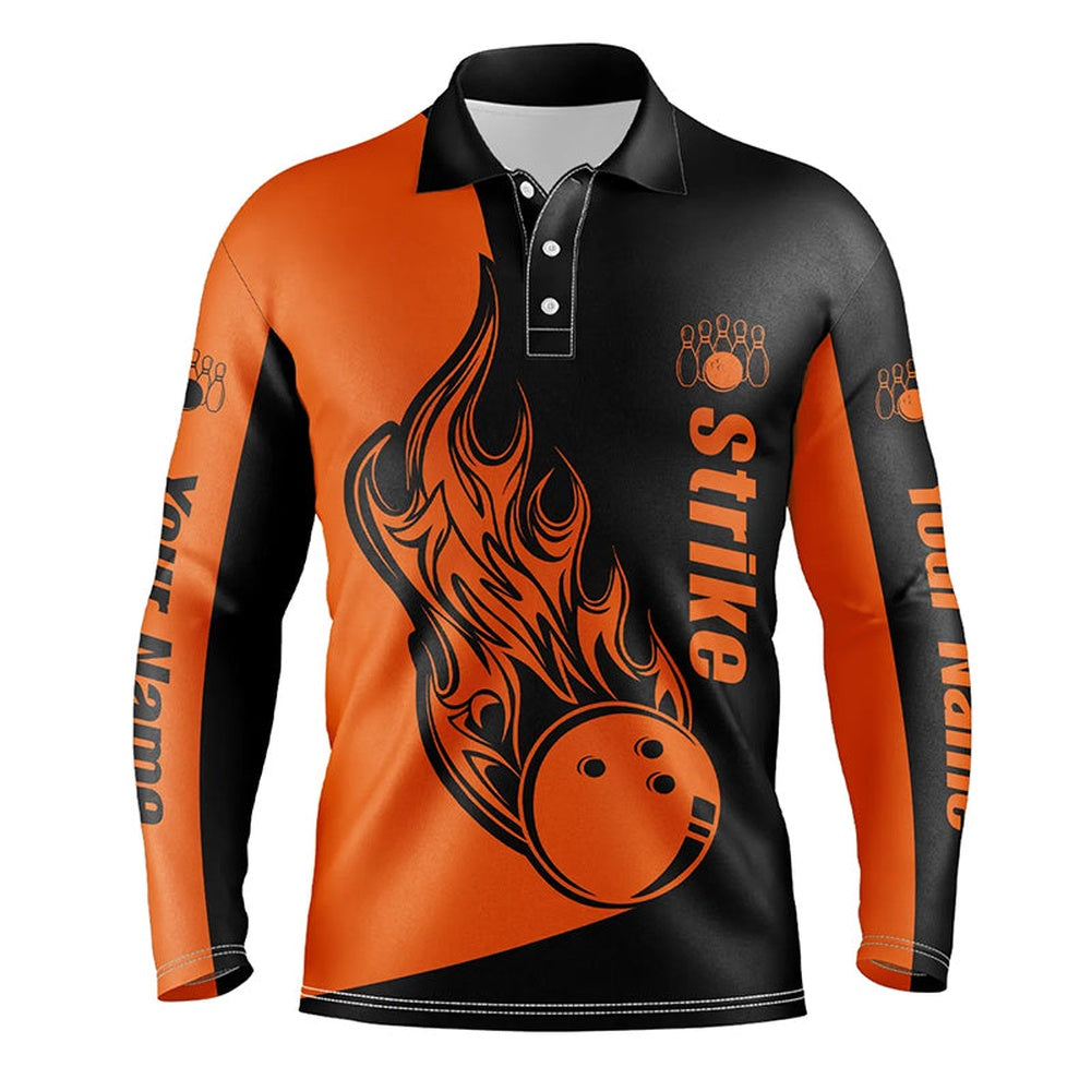 Custom Bowling Polo Shirts, Custom Black And Orange Bowling Polo Shirts For Men, Bowling Team Shirts Bowling Strike