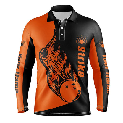 Custom Bowling Polo Shirts, Custom Black And Orange Bowling Polo Shirts For Men, Bowling Team Shirts Bowling Strike
