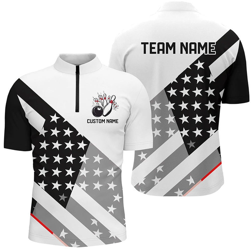 Custom Bowling Polo Shirts, Custom Black And White American Flag Skull Bowling Shirts, Unisex Patriotic Team Bowling Jerseys