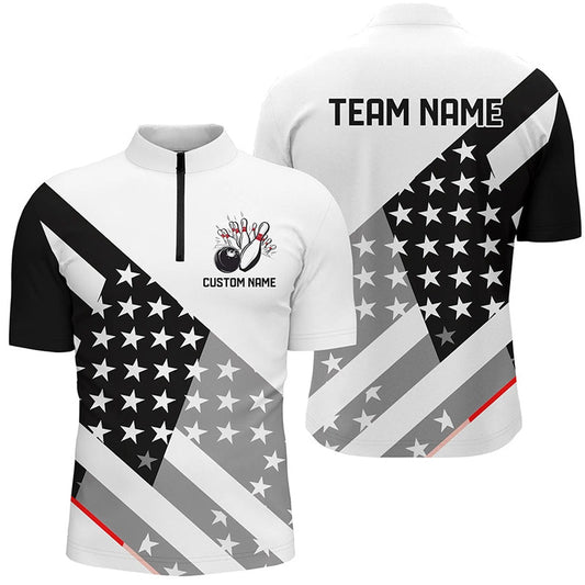 Custom Bowling Polo Shirts, Custom Black And White American Flag Skull Bowling Shirts, Unisex Patriotic Team Bowling Jerseys