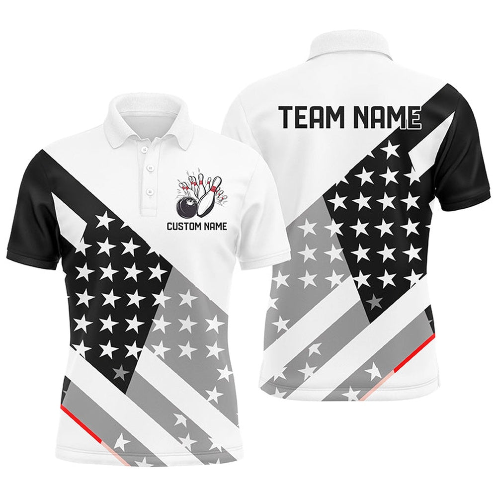 Custom Bowling Polo Shirts, Custom Black And White American Flag Skull Bowling Shirts, Unisex Patriotic Team Bowling Jerseys