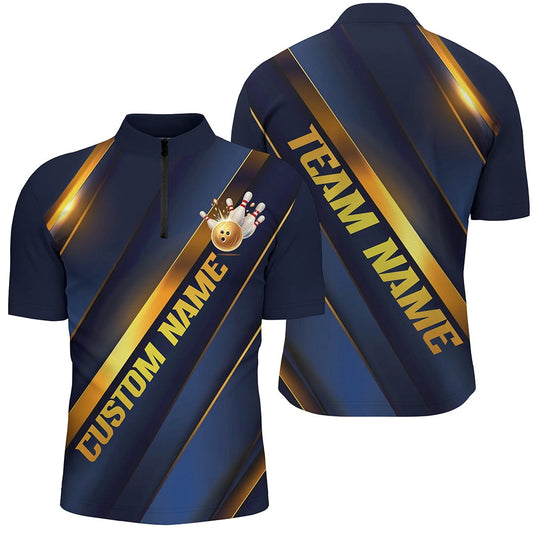 Custom Bowling Polo Shirts, Custom Blue And Gold Bowling Tournament Shirts For Men And Women With Team Name And Bowlers Name