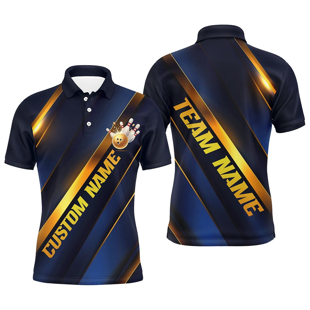 Custom Bowling Polo Shirts, Custom Blue And Gold Bowling Tournament Shirts For Men And Women With Team Name And Bowlers Name