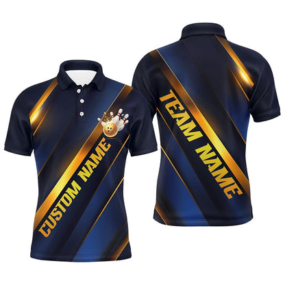 Custom Bowling Polo Shirts, Custom Blue And Gold Bowling Tournament Shirts For Men And Women With Team Name And Bowlers Name