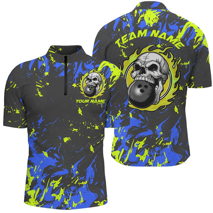 Custom Bowling Polo Shirts, Custom Blue And Green Bowling Jerseys For Men And Women, Flame Skull Bowling Team Shirts