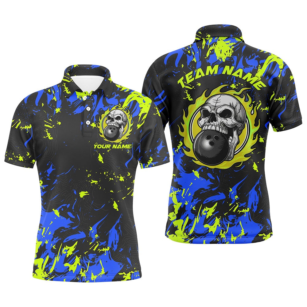 Custom Bowling Polo Shirts, Custom Blue And Green Bowling Jerseys For Men And Women, Flame Skull Bowling Team Shirts