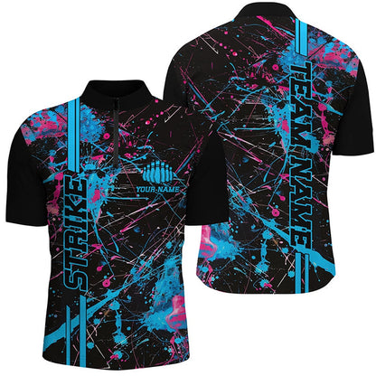 Custom Bowling Polo Shirts, Custom Blue And Pink Strike Bowling Shirts For Men And Women, Camo Bowling Team Jerseys