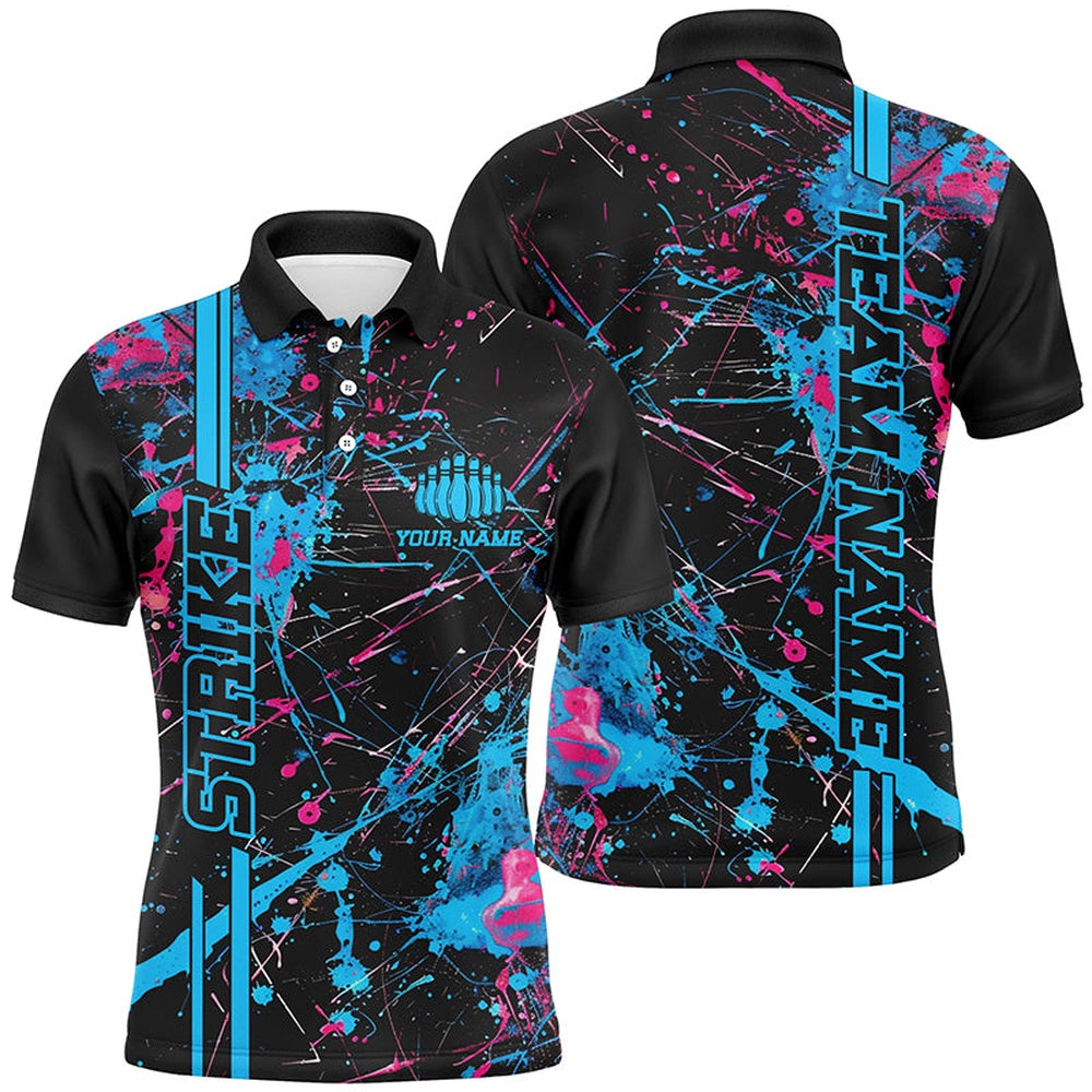 Custom Bowling Polo Shirts, Custom Blue And Pink Strike Bowling Shirts For Men And Women, Camo Bowling Team Jerseys