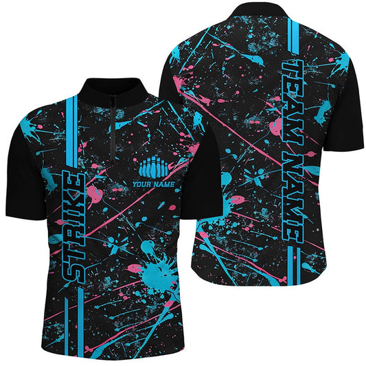 Custom Bowling Polo Shirts, Custom Blue And Pink Strike Bowling Team Shirts, Camo Bowling League Unisex Jerseys