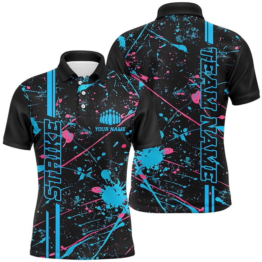 Custom Bowling Polo Shirts, Custom Blue And Pink Strike Bowling Team Shirts, Camo Bowling League Unisex Jerseys