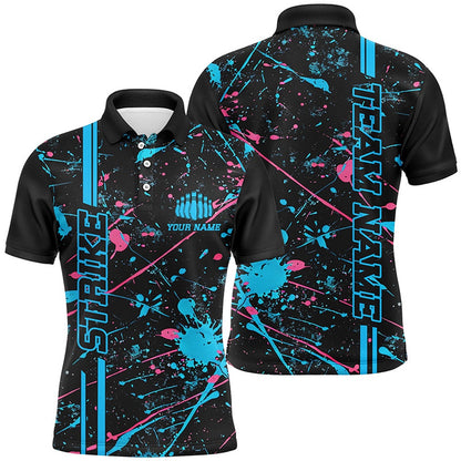 Custom Bowling Polo Shirts, Custom Blue And Pink Strike Bowling Team Shirts, Camo Bowling League Unisex Jerseys