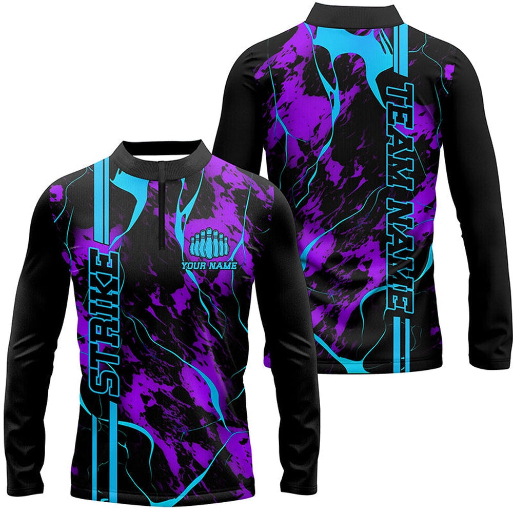 Custom Bowling Polo Shirts, Custom Blue And Purple Camo Strike Bowling Shirts For Men, Bowling Team Uniform With Name