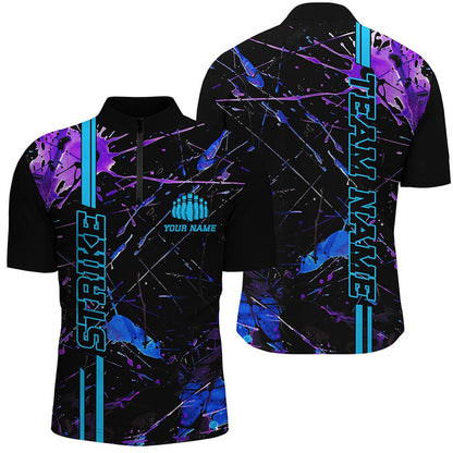 Custom Bowling Polo Shirts, Custom Blue And Purple Strike Bowling Shirts For Men And Women, Camo Bowling Team Jerseys