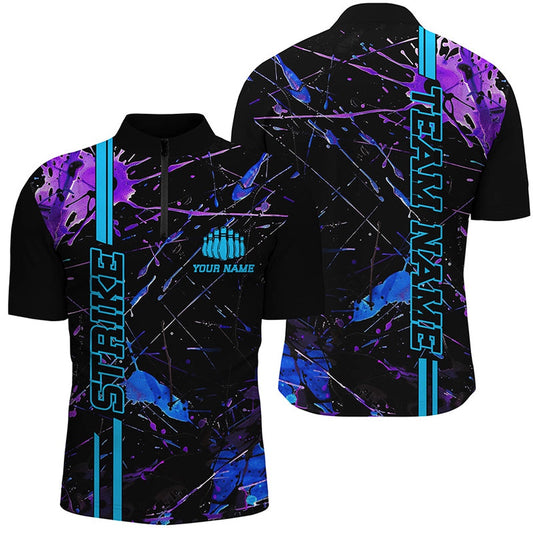 Custom Bowling Polo Shirts, Custom Blue And Purple Strike Bowling Shirts For Men And Women, Camo Bowling Team Jerseys