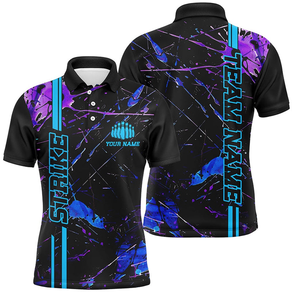 Custom Bowling Polo Shirts, Custom Blue And Purple Strike Bowling Shirts For Men And Women, Camo Bowling Team Jerseys