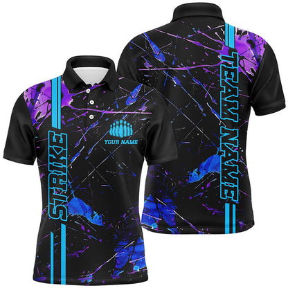 Custom Bowling Polo Shirts, Custom Blue And Purple Strike Bowling Shirts For Men And Women, Camo Bowling Team Jerseys