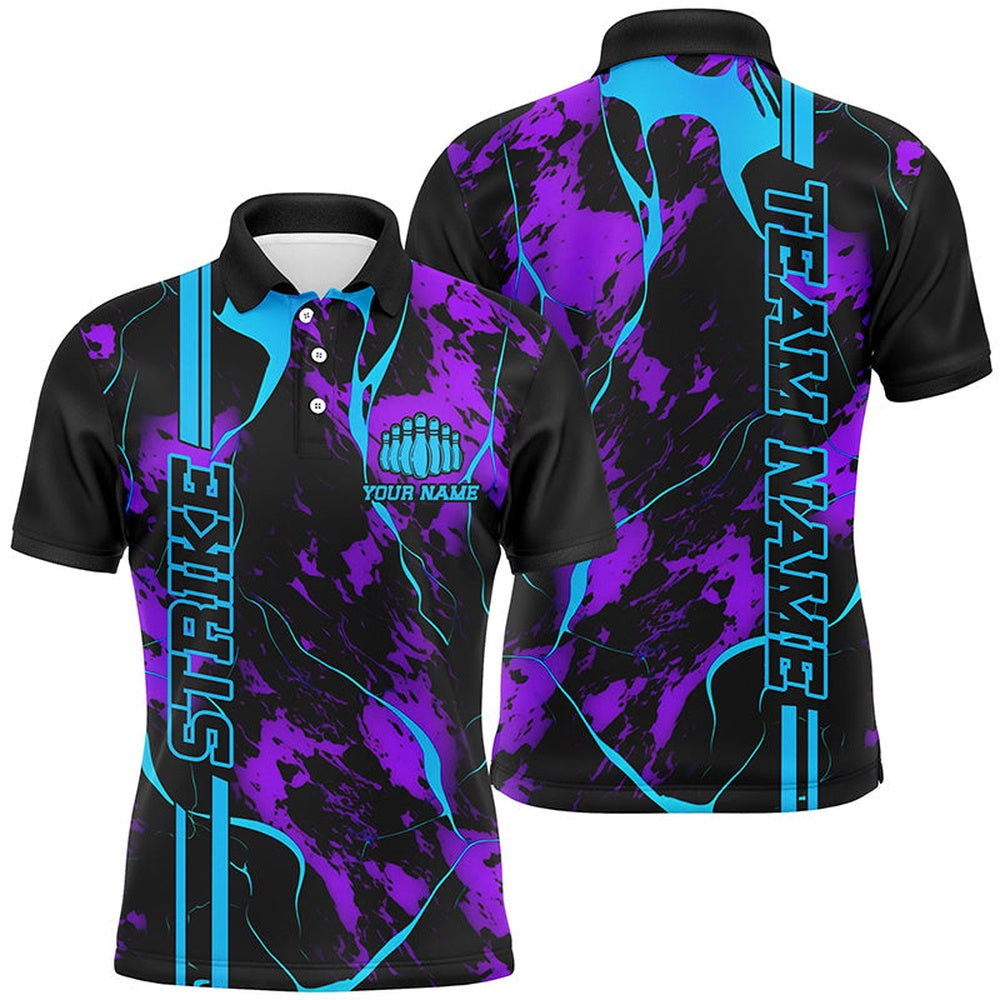Custom Bowling Polo Shirts, Custom Blue And Purple Strike Bowling Shirts Men Polo Camo Bowling Team Jerseys Bowling League
