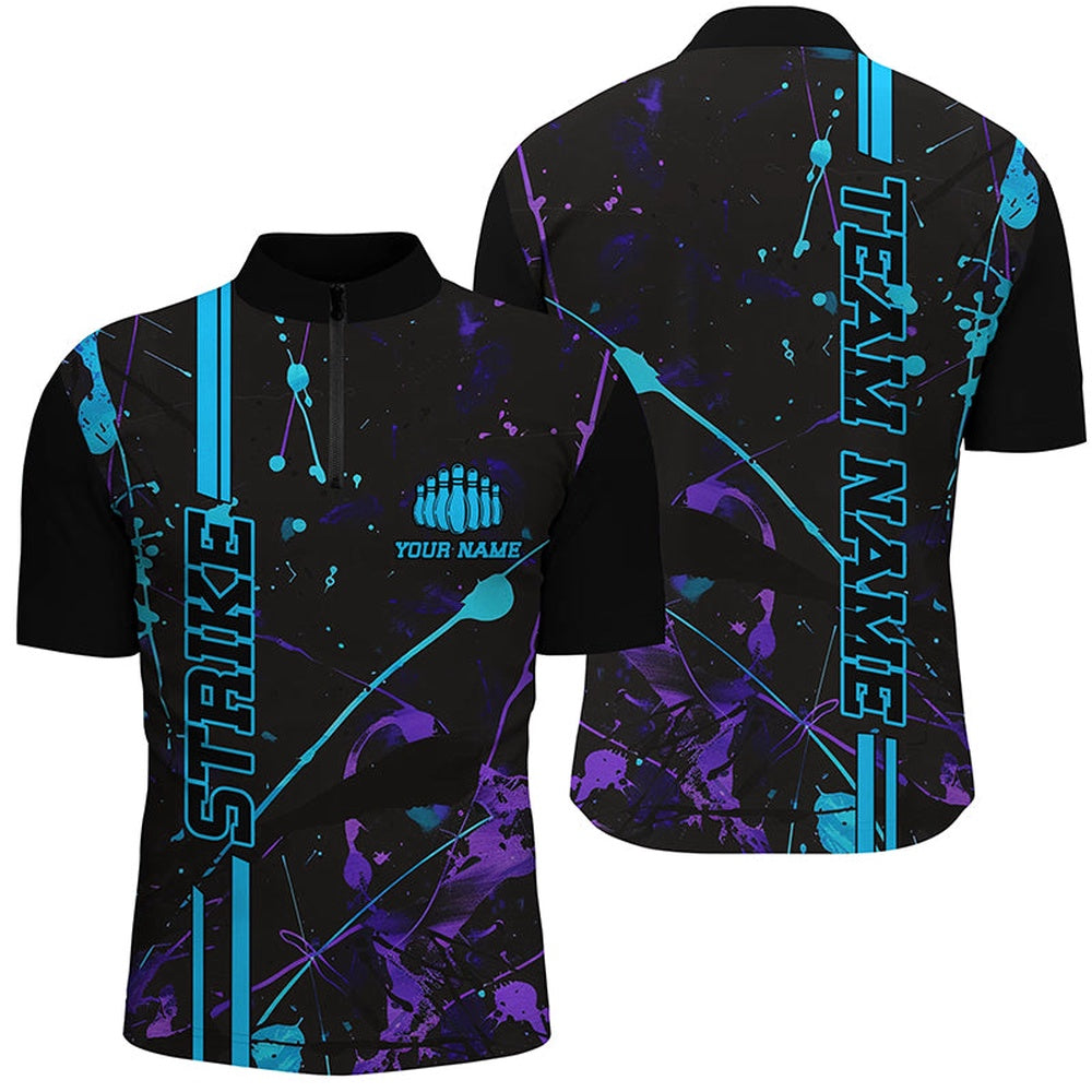 Custom Bowling Polo Shirts, Custom Blue And Purple Strike Bowling Team Shirts, Camo Bowling League Unisex Jerseys