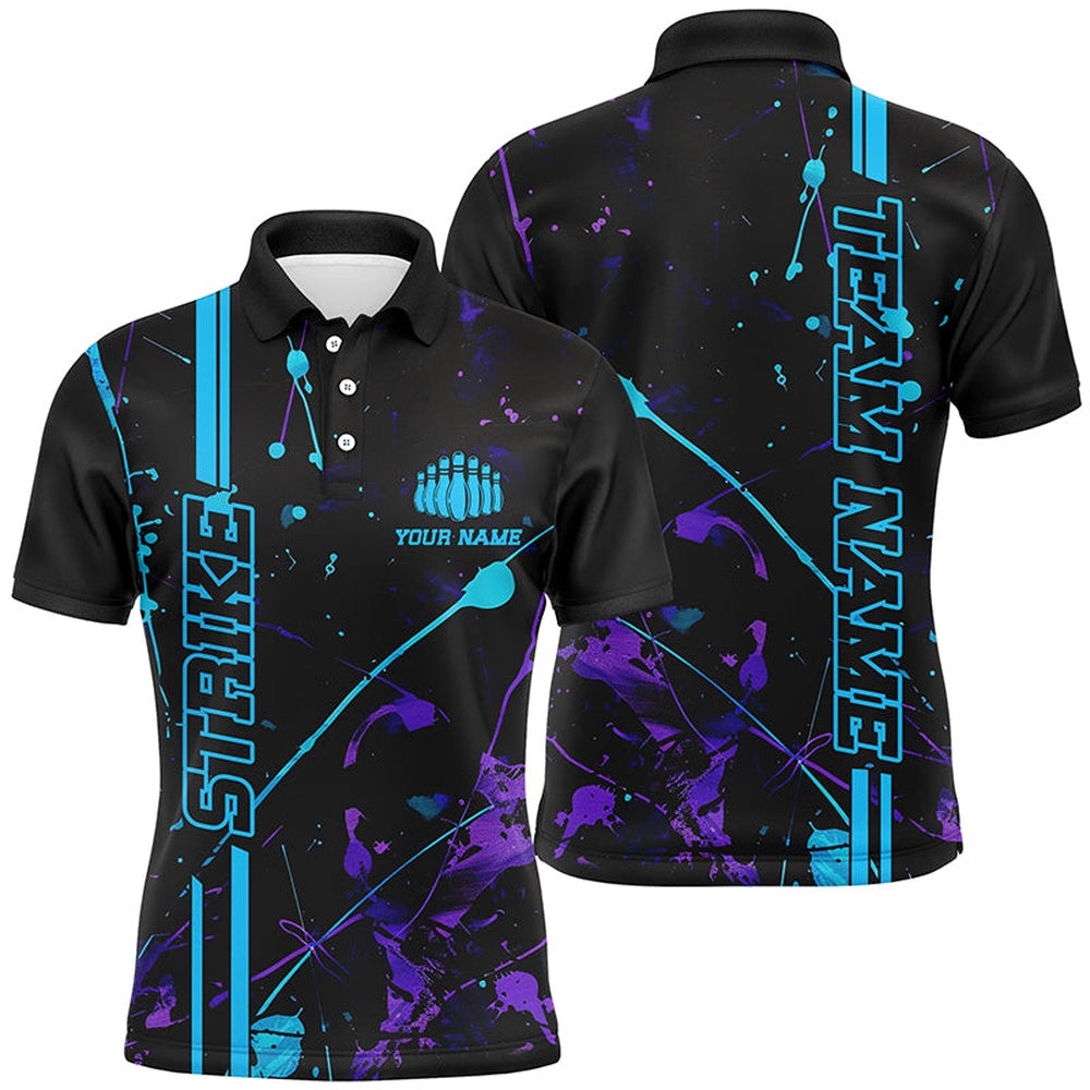 Custom Bowling Polo Shirts, Custom Blue And Purple Strike Bowling Team Shirts, Camo Bowling League Unisex Jerseys