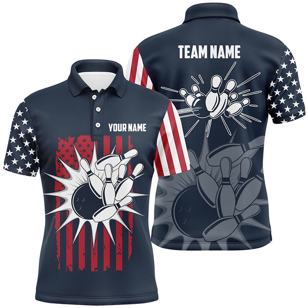 Custom Bowling Polo Shirts, Custom Blue Bowling Polo Shirt For Men Retro Usa Flag Bowling Jersey, Bowling Team Shirt