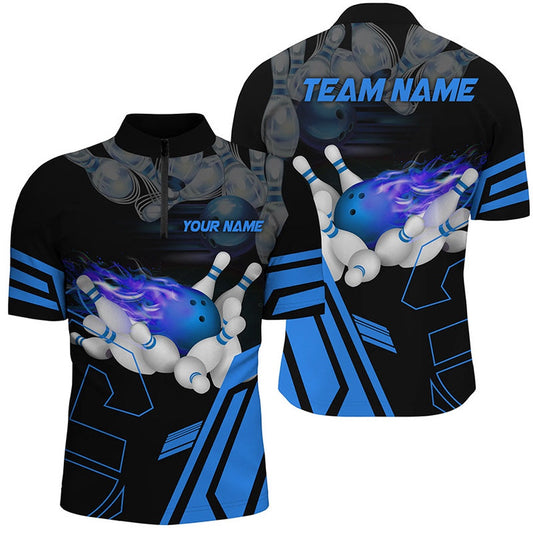 Custom Bowling Polo Shirts, Custom Blue Bowling Polo Shirts For Men, Strike Bowling Team Jerseys Bowlers Outfits