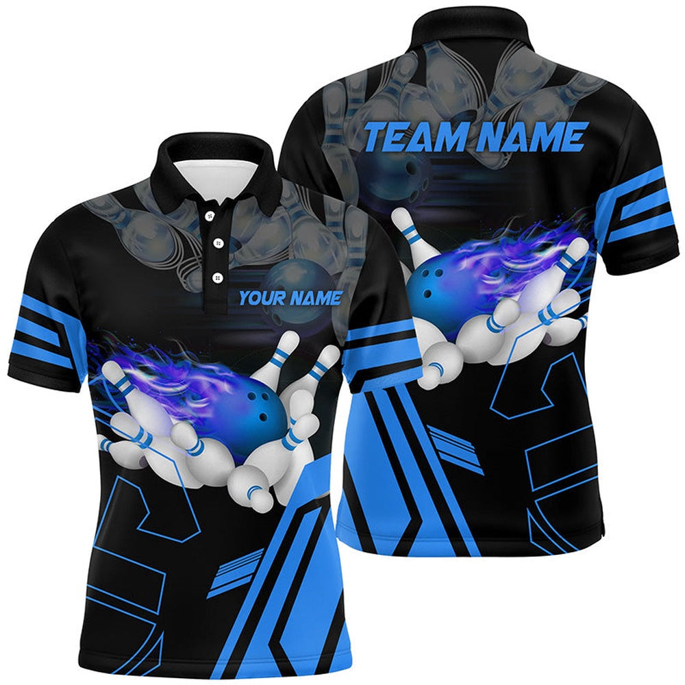 Custom Bowling Polo Shirts, Custom Blue Bowling Polo Shirts For Men, Strike Bowling Team Jerseys Bowlers Outfits