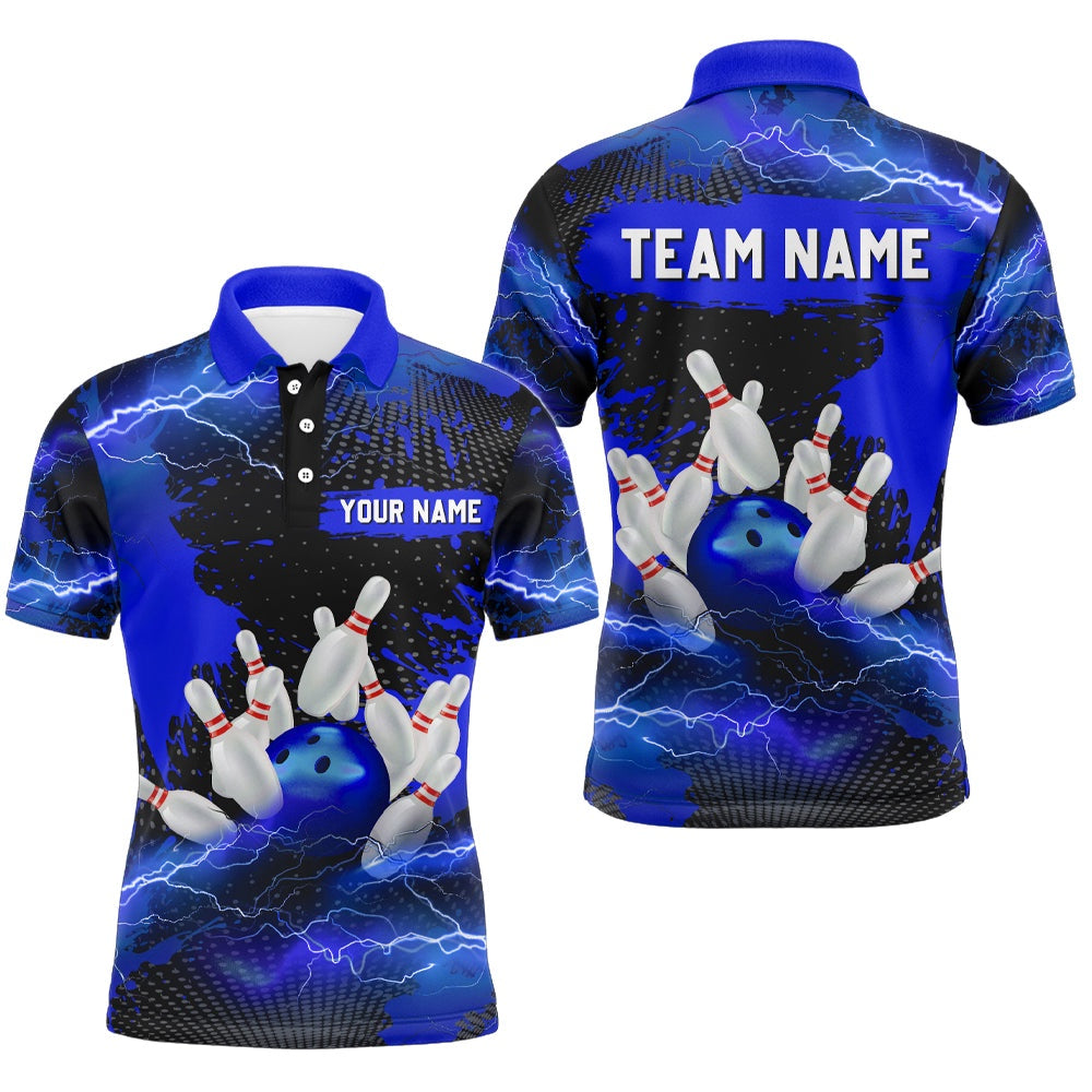 Custom Bowling Polo Shirts, Custom Blue Bowling Polo Shirts Men & Women Lightning Thunder Bowling Team Jerseys