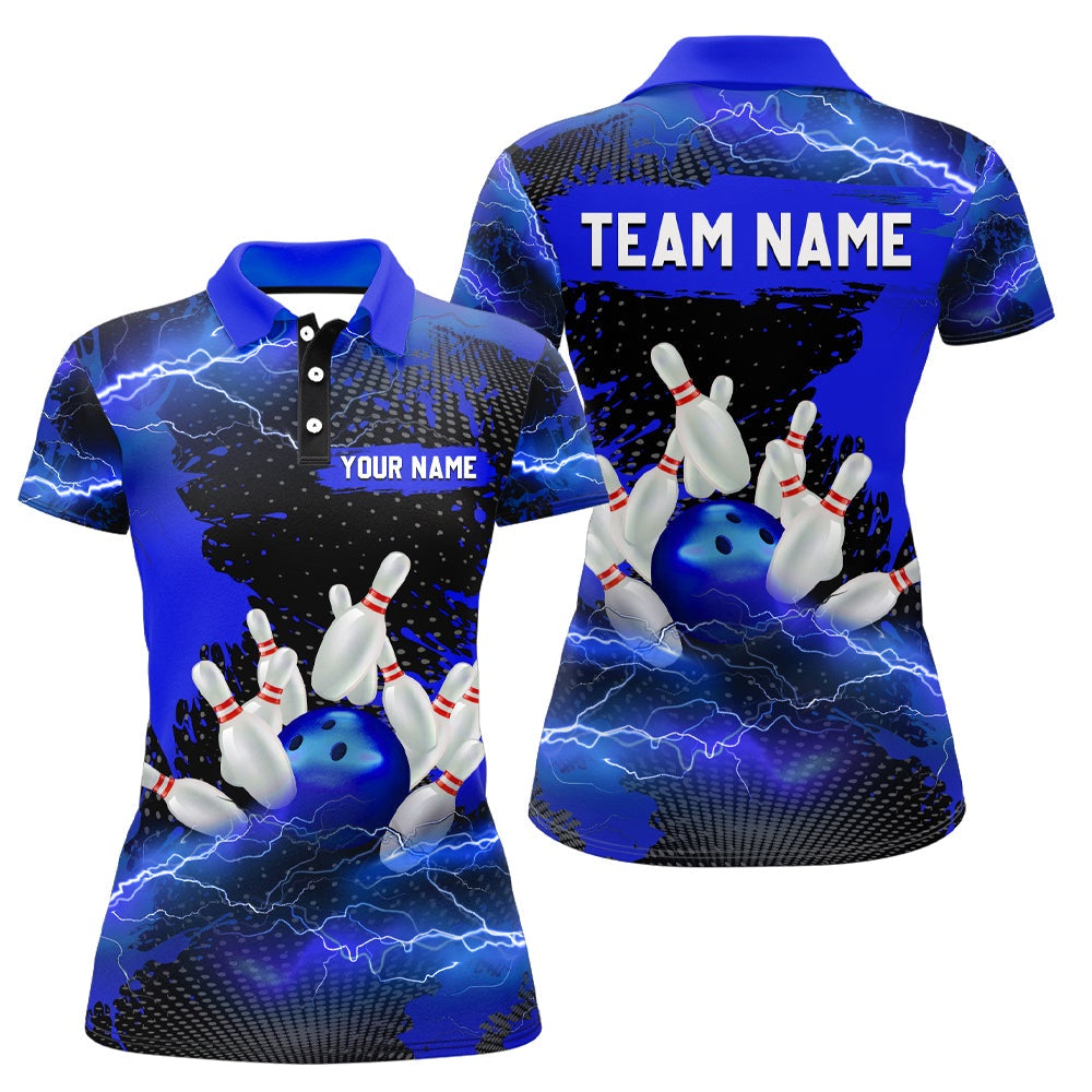 Custom Bowling Polo Shirts, Custom Blue Bowling Polo Shirts Men & Women Lightning Thunder Bowling Team Jerseys